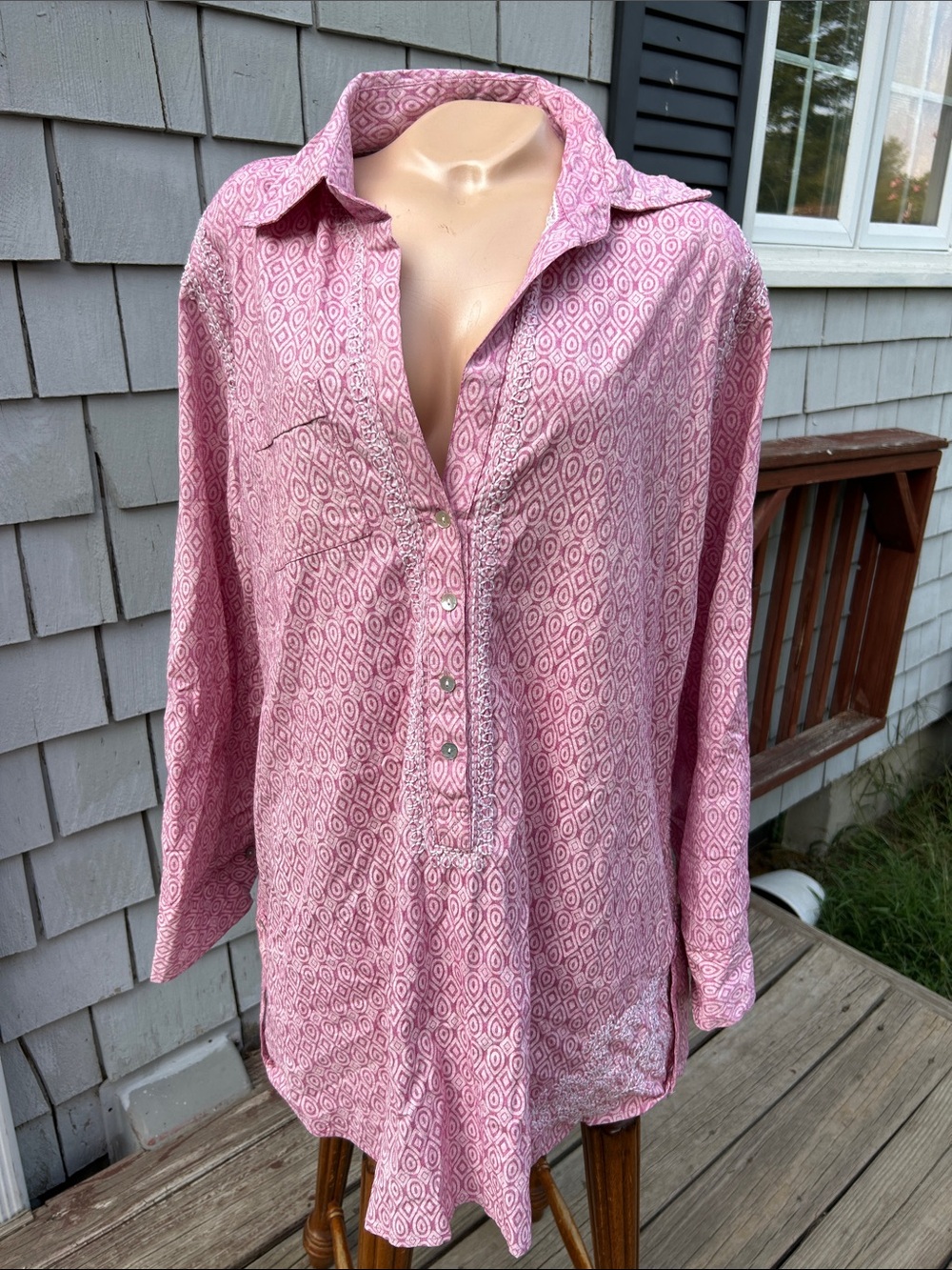 Fresh Produce Embroidered Geometric Print L/S Top/ Tunic/Blouse / M/l Cotton